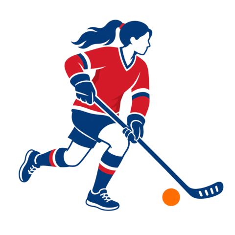 Ball hockey player in red and navy stickhandling an orange ball